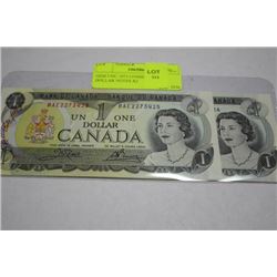 GEM UNC 1973 CONSEC S/N 1 DOLLAR NOTES X2