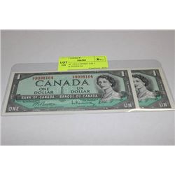 GEM UNC 1954 CONSEC S/N 1 DOLLAR NOTES X2
