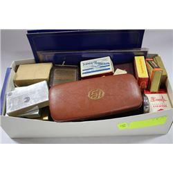 ESTATE BOX OF VINTAGE LIGHTERS/ PENS/ COINS ETC