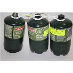 3 BOTTLES OF DISPOS. COLEMAN PROPANE CAMPING FUEL