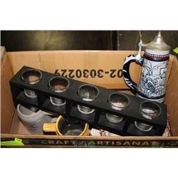 BOX OF MISC INCLUDING MUGS, STEINS, AND TEA LIGHT