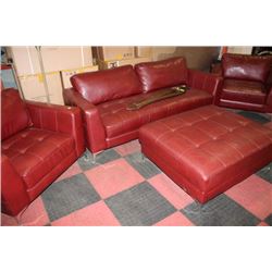 SHOWHOME RED LETHERETTE SOFA W 2 CHAIRS AND OTTOMN