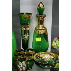 ESTATE GREEN GLASS DECANTER SET W/ VASE AND BOWL