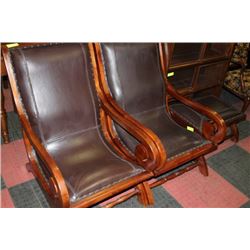 2 WOOD & LEATHER CHAIRS W/ OTTOMAN