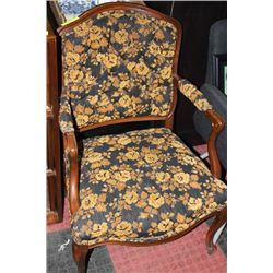 ESTATE VINTAGE WOOD AND FABRIC ARMCHAIR