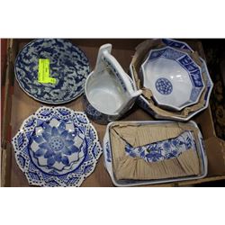 TRAY OF ASSORTED BLUE & WHITE DISHES