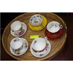 ESTATE WICKER TRAY W ENGLISH CUPS AND SAUCERS