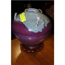 DESIGNER PURPLE AND BLUE CERAMIC VASE W/ WOOD BASE