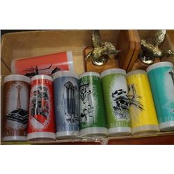 ESTATE BOX W VINTAGE GLASSES AND BOOK ENDS