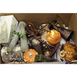 BOX OF ASST ORNAMENTS AND SCENTED CANDLES
