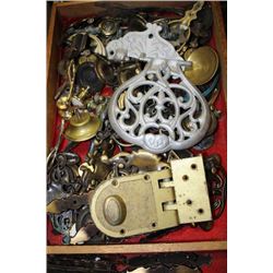 WOODEN BOX OF ASSORTED DOOR HANDLES AND LOCKS