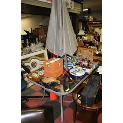 TAN GLASS TOP PATIO TABLE WITH UMBRELLA  AND BASE