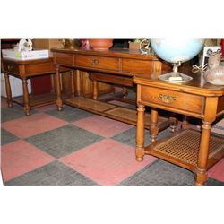 ESTATE WOOD AND WICKER 5 PC COFFEE TABLE SET