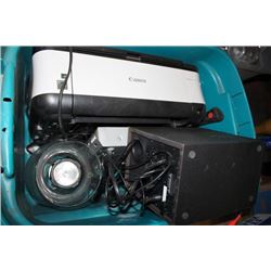 BOX OF MISC ELECTRONICS INCLUDES SPEAKERS, PRINTER