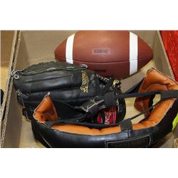 BOX W/ RAWLINGS & WILSON BASEBALL GLOVES, 2 BALLS