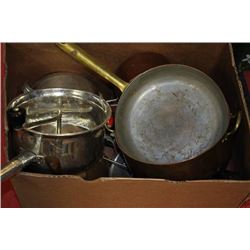 ESTATE BOX WITH FLOUR SIFTERS, COPPER POTS,