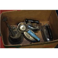 ESTATE BOX LOT WITH 3 IRONS, 1 SAD IRON AND BLOW