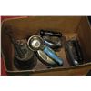 Image 1 : ESTATE BOX LOT WITH 3 IRONS, 1 SAD IRON AND BLOW