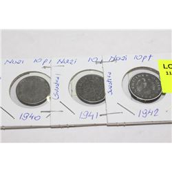 1940,41,42 NAZI 10 PF COINS X 3
