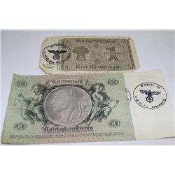 GERMAN 50 AND 1 MARK BANKNOTES 10th SS PANZER DIVISION "FRUNDSBERG"