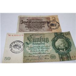 GERMAN NAZI 50 AND 2 MARK BANKNOTES 3rd SS PANZER DIVISION "TOTENKOPF"X2