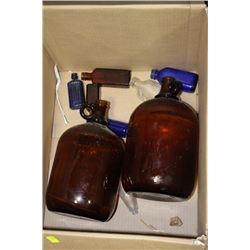 VINTAGE MEDICINE BOTTLES & 2 DIAMOND GLASS JUGS
