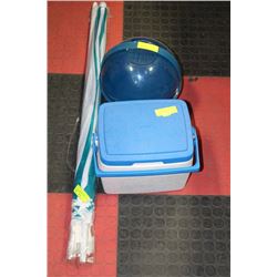 BEACH UMBRELLA, ROUND PICNIC SET, COLEMAN COOLER
