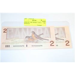 GEM UNC 1986 "ROBIN" 2 DOLLAR NOTES X2