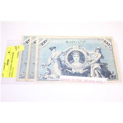 THREE GERMAN 1908 100 MARK SERIES L X3