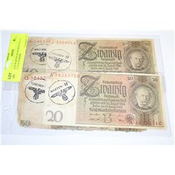 FOUR WAFFEN-SS BANKNOTES 10, 20, 20, & 50 MARK