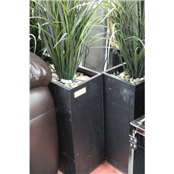 PAIR OF BLACK PLANTERS WITH ART. PLANTS