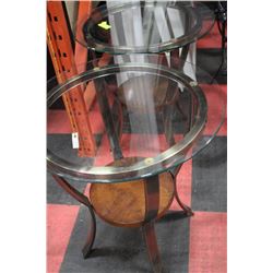 PAIR OF ROUND METAL, GLASS & WOOD SIDE TABLES