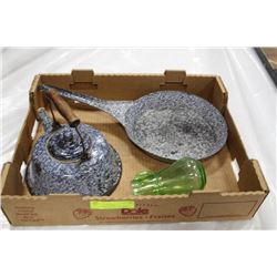 ANTIQUE GRANITE WARE-FRYING PAN AND KETTLE