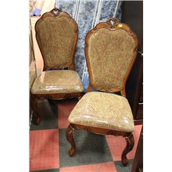 PAIR OF WOOD AND FABRIC CARVED STYLE SIDECHIARS