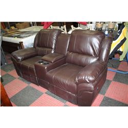 BROWN LEATHERETTE RECLINING CONSOLE LOVE SEAT