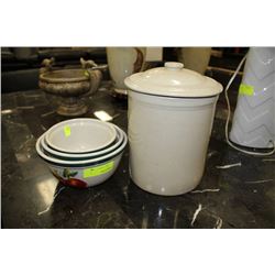 SET OF ESTATE BOWLS SOLD W CROCK (CRACKED LID)