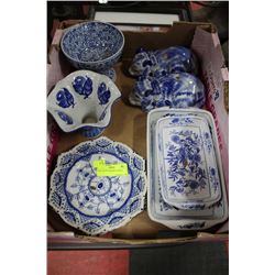 TRAY OF BLUE & WHITE DISHES