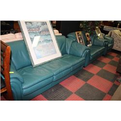 GREEN LEATHER SOFA LOVE SEAT AND CHAIR