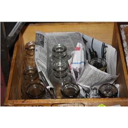 VINTAGE WOODEN BOX W/ ASST LABLED MILK BOTTLES