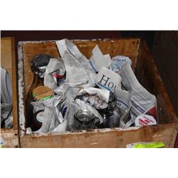 VINTAGE WOODEN BOX W/ ASST LABLED MILK BOTTLES