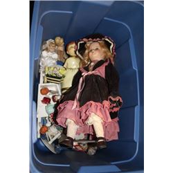 BOX OF ASSORTED PORCELAIN DOLLS AND TRINKETS