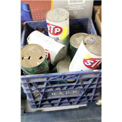 CRATE OF ESSO AND STP VINTAGE MOTOR OIL TINS