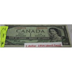 1954 CANADIAN $1 BILL DEVILS FACE