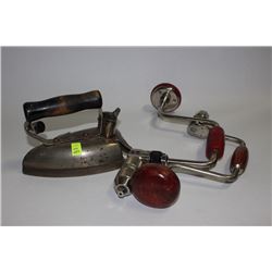 VINTAGE HOTPOINT SAD IRON & TWO VINTAGE HAND DRILL
