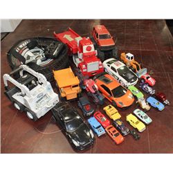 BOX W/ TONKA TRUCKS, DIE-CAST CARS, ETC.