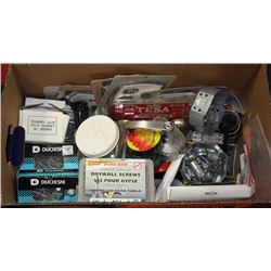 BOX W/ HARDWARE, ELECTRICAL, SCREWS, NAILS,