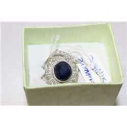 NATURAL BLUE SAPPHIRE RING WITH CZ, SILVER.925