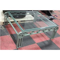 GREEN METAL & GLASS COFFEE TABLE