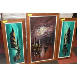 WOOD 3 PC OIL ON CANVAS SHIP PICTURE SET
