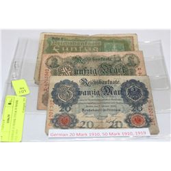 GERMAN 20 MARK 1910 & 50 MARK 1910, 1919